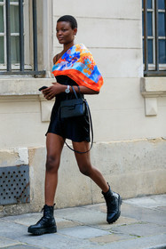 scarf, scarf top, scarf detail, floral printed scarf, red scarf, blue scarf, checked scarf, mini dress, underwear dress, satin dress, silk dress, flat boots, animal skin boots, big sole boots, laced boots, balenciaga scarf, fashion week, frenchystyle, FW, jonathan paciullo, street style, PFW, PARIS, AUTUMN WINTER 2021-2022, FALL WINTER 2021-2022, FW 21-22, vertical, full length