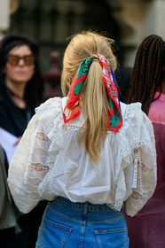 white blouse, lace blouse, ruffle blouse, denim skirt, hermes scarf, back details, hair details, fashion week, frenchystyle, FW, jonathan paciullo, street style, vertical, detail, atmosphere details