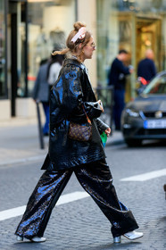black leather jacket, black pants, sequins pants, animal skin jacket, louis vuitton bag, monogrammed bag, hand bag, brown leather bag, fashion week, frenchystyle, FW, jonathan paciullo, street style, PFW, PARIS, SPRING SUMMER 2020, SS 20, horizontal, full length