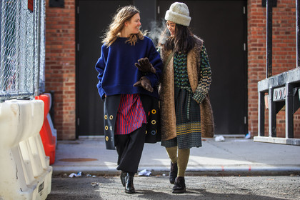 atmosphere details, AUTUMN WINTER 2016-2017, AW 16-17, black boots, black pants, blue sweater, brown jacket, embroidered dress, fashion week, frenchystyle, full length, FW, FW 16-17, green dress, horizontal, jonathan paciullo, leather boots, megan bowman grey, navy sweater, NEW YORK, NYFW, patty lu, sheep fur, street style, striped shirt, varnished leather shoes, vest, white beanie, white fur, woman, wool dress