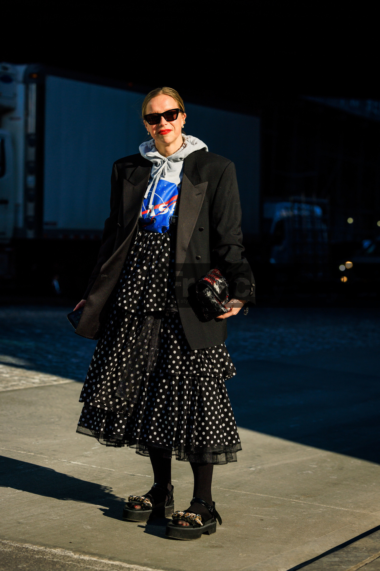 nasa hoodie, grey hoodie, dots skirt, ruffles skirt, black stockings, jw anderson loafers, black loafers, leather loafers, chained loafers, black sunglasses, black blazer, printed handbag, handbag, red lips, iphone, chloe king, street style, jonathan paciullo, FW, frenchystyle, fashion week, NYFW, NEW YORK, AUTUMN WINTER 2022-2023, FALL WINTER 2022_2023, FW 22-23, vertical, full length
