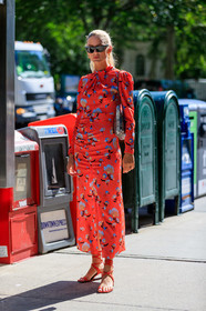 megan adelaide, red dress, floral print, floral, printed dress, red shoes, nude sandals, flowers, sunglasses, long sleeve dress, fashion week, frenchystyle, FW, jonathan paciullo, street style, NEW YORK, NYFW, SPRING SUMMER 2020, SS 20, vertical, full length
