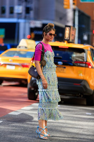 blue dress, blue shoes, brown bag, bun, floral, flowers, graphic bag, graphic dress, high heels, leather bag, leather shoes, louis vuitton, monogram, pink top, printed bag, printed dress, ruffles, sunglasses, thassia naves, fashion week, frenchystyle, FW, jonathan paciullo, street style, NEW YORK, NYFW, SPRING SUMMER 2020, SS 20, vertical, full length