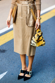 black shoes, high heels, leather bag, leather shoes, panimal print, beige skirt, brown bag, camel sweater, fur bag, gala gonzalez, graphic bag, leather bag, max mara, printed bag, watch, zebra, street style, jonathan paciullo, FW, frenchystyle, fashion week, MFW, MILAN, SPRING SUMMER 2019, SS 19, vertical, atmosphere details, detail