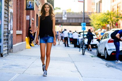 atmosphere details, black belt, black sneakers, black tank top, blue denim, converse, denim shorts, fashion week, frenchystyle, full length, FW, horizontal, jonathan paciullo, long hair, model, NEW YORK, NYFW, pauline hoarau, SPRING SUMMER 2017, SS 17, street style, woman