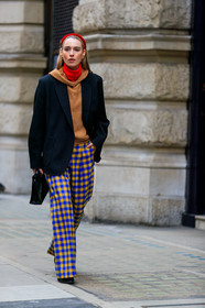 black bag, black jacket, blue pants, camel sweater, checked, flora macdonald johnston, gingham, graphic pants, headband, hoodie, leather bag, plaid, printed pants, red turtleneck, trousers, yellow pants, street style, jonathan paciullo, FW, frenchystyle, fashion week, LFW, LONDON, AUTUMN WINTER 2019-2020, AW 19-20, FW 19-20, FALL WINTER 2019-2020, vertical, full length