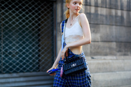 black bag, blue overall, checked, crop top, graphic pants, leather bag, miu miu, necklace, plaid, printed overall, printed pants, trousers, white top, fashion week, frenchystyle, FW, jonathan paciullo, street style, PFW, PARIS, atmosphere details, horizontal, detail, model, AUTUMN WINTER 2018-2019, FALL WINTER 2018-2019, FW 18-19