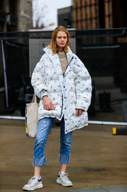 beige knit, blue denim, denim pants, down jacket, floral, flowers, graphic jacket, jeans, leather bag, leather shoes, model, printed jacket, tote bag, trousers, white jacket, white sneakers, street style, jonathan paciullo, FW, frenchystyle, fashion week, LFW, LONDON, AUTUMN WINTER 2019-2020, AW 19-20, FW 19-20, FALL WINTER 2019-2020, vertical, full length