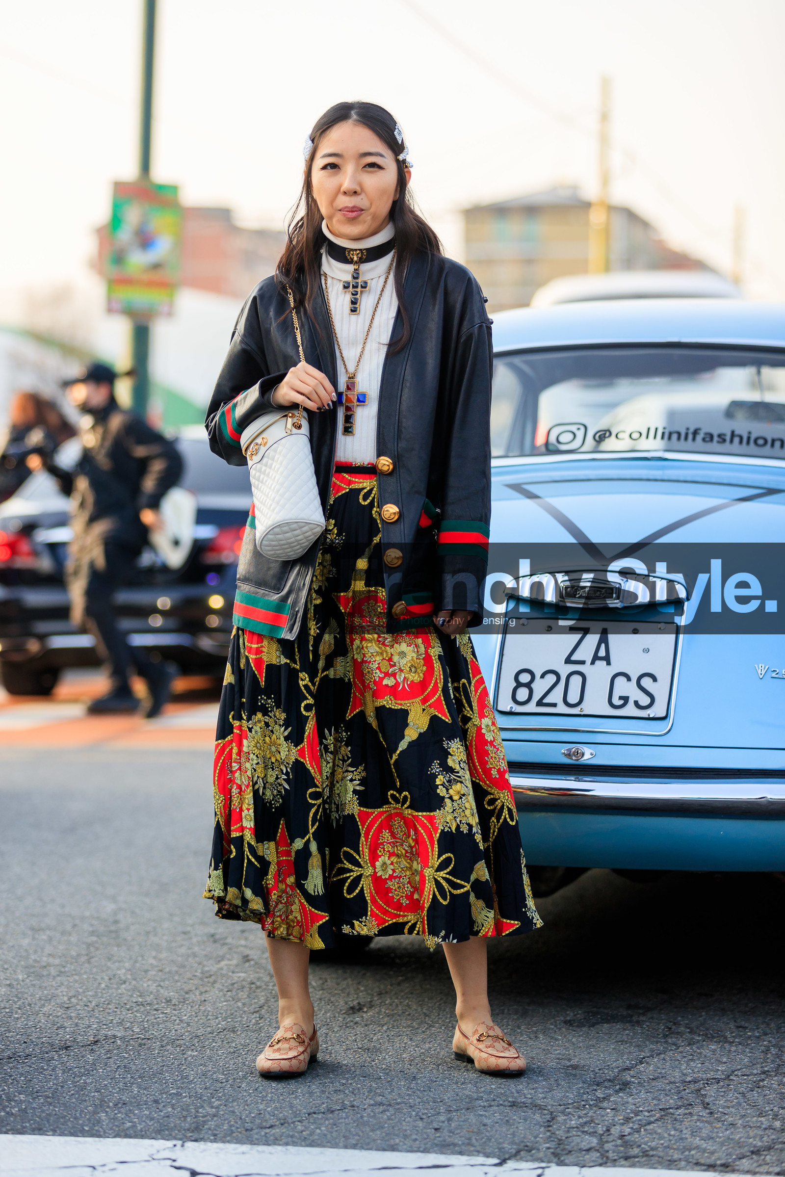 beige shoes, black jacket, black skirt, blazer, choker, graphic skirt, gucci, hair clip, leather bag, leather jacket, leather shoes, loafers, necklace, printed skirt, white bag, white sweater, yuwei zhangzou, fashion week, frenchystyle, FW, jonathan paciullo, street style, MFW, MILAN, AUTUMN WINTER 2019-2020, AW 19-20, FALL WINTER 2019-2020, FW 19-20, vertical, full length