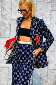 black bra, blue jacket, blue pants, graphic jacket, graphic pants, gucci, leather bag, printed jacket, printed pants, red bag, sunglasses, trousers, viktoria rader, fashion week, frenchystyle, FW, jonathan paciullo, street style, MFW, MILAN, SPRING SUMMER 2019, SS 19, vertical, atmosphere details, detail