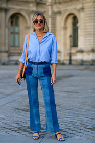 adenorah, denim, denim shirt, denim shoes, light blue jeans, light blue shirt, blue jeans, blue shoes, flare jeans, bicolor pants, multi straps sandals, multi straps slippers, kitten heels slippers, monogrammed bag, shoulder bag, brown leather bag, louis vuitton bag, louis vuitton pants, golden earrings, golden necklace, big chain necklace, dangling earrings, paco rabanne earrings, PARIS, PFW, SPRING SUMMER 2020, SS 20, fashion week, frenchystyle, FW, jonathan paciullo, street style, vertical, full length