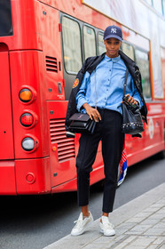 black bag, black cap, black jacket, black pants, blue shirt, bomber jacket, fashion week, frenchystyle, full length, FW, jonathan paciullo, karly loyce, leather bag, leather shoes, LFW, LONDON, model, over the shoulder, saint laurent paris, SPRING SUMMER 2018, SS 18, street style, trousers, vertical, white sneakers