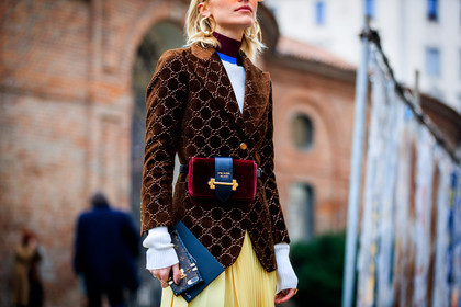 bordeaux, brown jacket, burgundy, checked, fanny pack, graphic jacket, leather bag, plaid, pleated skirt, prada, printed jacket, red bag, sunglasses, turtleneck sweater, velvet, white sweater, yellow skirt, fashion week, frenchystyle, FW, jonathan paciullo, street style, MFW, MILAN, AUTUMN WINTER 2018-2019, FALL WINTER 2018-2019, FW 18-19, horizontal, atmosphere details, viktoria rader