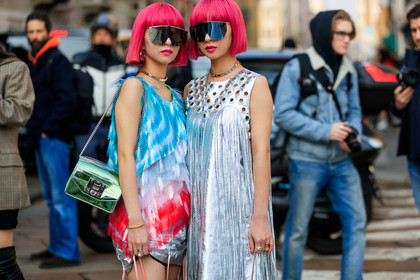 Ami and Aya Suzuki, blue dress, choker, dyed hair, feathers, fringes, glitter, graphic dress, green bag, leather bag, necklace, pink hair, printed dress, shiny dress, silver dress, sunglasses, fashion week, frenchystyle, FW, jonathan paciullo, street style, MFW, MILAN, AUTUMN WINTER 2019-2020, AW 19-20, FALL WINTER 2019-2020, FW 19-20, atmosphere details, detail, horizontal