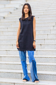 black and white shoes, black tank top, blue denim, denim pants, fashion week, frenchystyle, full length, FW, jeans, jonathan paciullo, MENSWEAR, PARIS, patchwork, PFW, SPRING SUMMER 2017, SS 17, street style, trousers, vertical
