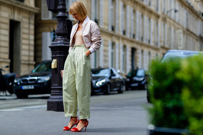 atmosphere details, AUTUMN WINTER 2016-2017, AW 16-17, beige top, bomber jacket, FALL WINTER 2016-2017, fashion week, frenchystyle, full length, FW, FW 16-17, green pants, HAUTE COUTURE, high heels, high waist, horizontal, jonathan paciullo, MENSWEAR, PARIS, PFW, pink jacket, pink top, red sandals, red shoes, street style, suede shoes, trousers, vika gazinskaya