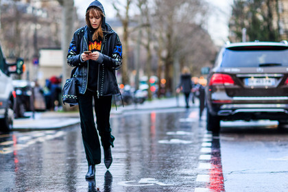 atmosphere details, AUTUMN WINTER 2016-2017, AW 16-17, black bag, black boots, black jacket, black pants, black perfecto, black sweater, embroidered jacket, FALL WINTER 2016-2017, fashion week, frenchystyle, full length, FW, FW 16-17, graphic pants, hood, hoodie, horizontal, iphone, jonathan paciullo, leather boots, leather jacket, leather perfecto, model, PARIS, PFW, printed jacket, printed sweater, stars, street style, studded bag, studs, trasher, trousers, velvet
