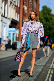 blue belt, blue scarf, bow collar, checked, emili sindlev, graphic bag, graphic skirt, green shoes, grey skirt, high heels, jw anderson, leather bag, leather shoes, plaid, polka dot, printed bag, printed shirt, printed skirt, purple bag, purple shirt, fashion week, frenchystyle, FW, jonathan paciullo, street style, LFW, LONDON, SPRING SUMMER 2019, SS 19, vertical, full length