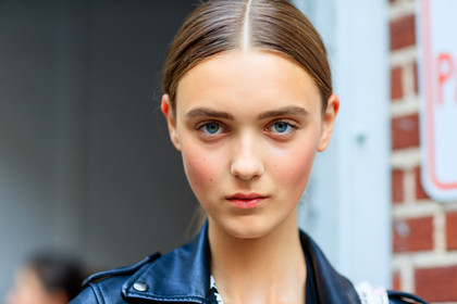 atmosphere details, black jacket, black perfecto, detail, fashion week, frenchystyle, FW, horizontal, jonathan paciullo, leather jacket, leather perfecto, model, natural, NEW YORK, NYFW, pins, portrait, pulled back hair, skincare, SPRING SUMMER 2017, SS 17, street style, woman
