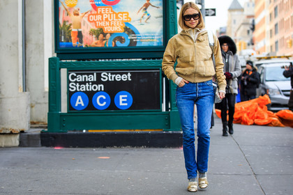 atmosphere details, AUTUMN WINTER 2016-2017, AW 16-17, beige jacket, blue denim, denim pants, fashion week, frenchystyle, full length, FW, FW 16-17, golden heel, gucci, high heels, hood, horizontal, jeans, jonathan paciullo, leather bag, leather jacket, loewe, metallic bag, NEW YORK, NYFW, pernille teisbaek, shiny heels, shiny socks, silver bag, street style, suede jacket, sunglasses, trousers, woman