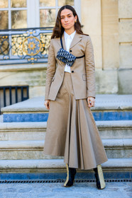 beige boots, beige jacket, beige skirt, blazer, blue bag, christian dior, erika boldrin, graphic bag, high heels, leather bag, leather shoes, monogram, printed bag, white shirt, fashion week, frenchystyle, FW, jonathan paciullo, street style, PFW, PARIS, AUTUMN WINTER 2019-2020, AW 19-20, FALL WINTER 2019-2020, FW 19-20, vertical, full length