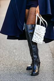 black leather boots, high boots, black tights, plumetis tights, white leather bag, patchwork bag, hand bag, close up detail, bag detail, shoes detail, flower bag, valentino bag, tamu mcpherson, street style, jonathan paciullo, FW, frenchystyle, fashion week, MFW, MILAN, SPRING SUMMER 2021, SS 21, vertical, detail