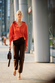 brown bag, brown denim, denim pants, earrings, high heels, jeans, leather bag, leather shoes, linda tol, orange shirt, the row, trousers, white shoes, fashion week, frenchystyle, FW, jonathan paciullo, street style, MFW, MILAN, SPRING SUMMER 2019, SS 19, vertical, full length