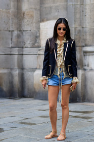 beige shirt, black jacket, blazer, blue denim, denim shorts, golden details, leather shoes, nude sandals, ruffles, sunglasses, PFW, fashion week, frenchystyle, FW, jonathan paciullo, street style, PARIS, vertical, full length, AUTUMN WINTER 2018-2019, FALL WINTER 2018-2019, FW 18-19, justine lee