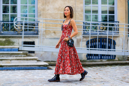 aimee song, atmosphere details, black bag, black shoes, bracelet, christian dior, embroidered bag, fashion week, floral, flowers, frenchystyle, full length, FW, graphic bag, graphic dress, horizontal, jonathan paciullo, leather bag, leather shoes, PARIS, PFW, pleated dress, printed bag, printed dress, red dress, SPRING SUMMER 2018, SS 18, street style