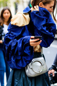 blue shirt, furla, geometric, graphic shirt, green skirt, leather bag, pleats, silver bag, fashion week, frenchystyle, FW, jonathan paciullo, street style, LFW, LONDON, SPRING SUMMER 2019, SS 19, vertical, detail, atmosphere details
