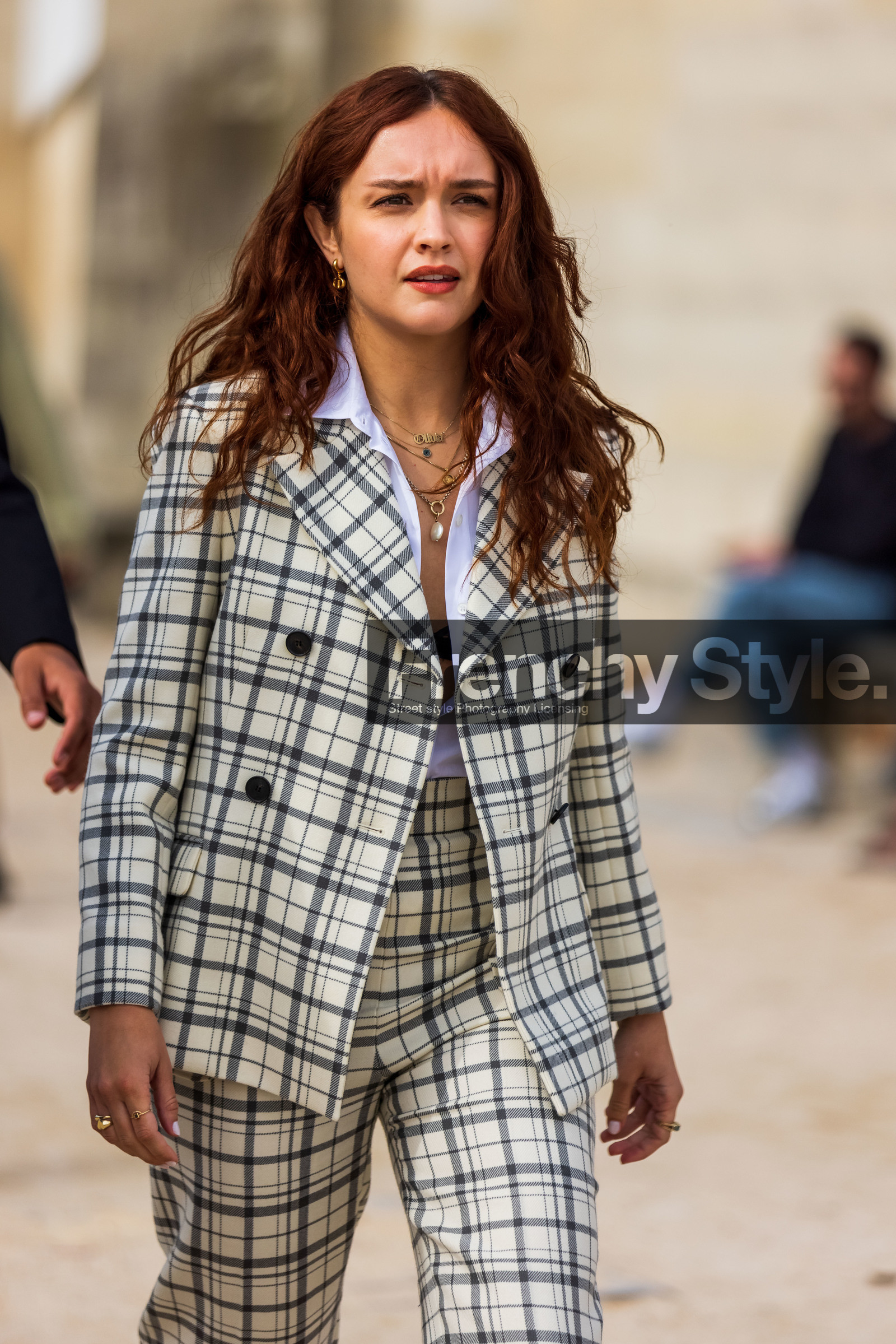 blazer, check, checked blazer, checked pants, checked print, cream blazer, cream pants, grey blazer, grey pants, necklace, Olivia Cooke, pants, print, suit, white shirt, street style, jonathan paciullo, FW, frenchystyle, fashion week, PFW, PARIS, SPRING SUMMER 2022, SS 22, vertical, atmosphere details