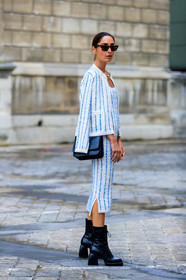 geraldine boublil, white jacket, knitwear, knit jacket, tweed jacket, tweed skirt, striped jacket, light blue jacket, black leather boots, laced boots, high heels boots, low boots, nodaleto boots, mid long dress, knit dress, white dress, light blue dress, striped dress, black leather bag, monogrammed bag, burberry bag, scale sunglasses, PARIS, PFW, SPRING SUMMER 2020, SS 20, fashion week, frenchystyle, FW, jonathan paciullo, street style, vertical, full length