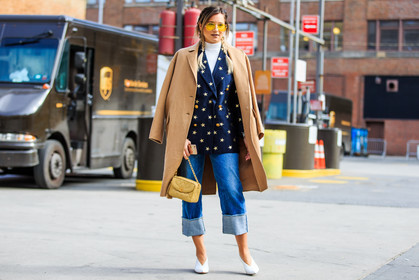 atmosphere details, AUTUMN WINTER 2016-2017, aviator sunglasses, AW 16-17, beige coat, blazer, blue denim, braids, chanel, danielle bernstein, denim pants, FALL WINTER 2016-2017, fashion week, frenchystyle, full length, FW, FW 16-17, horizontal, jeans, jonathan paciullo, kitten heels, leather bag, leather shoes, navy jacket, NEW YORK, NYFW, over the shoulder, overcoat, printed jacket, stars, street style, trousers, white heels, woman, yellow bag