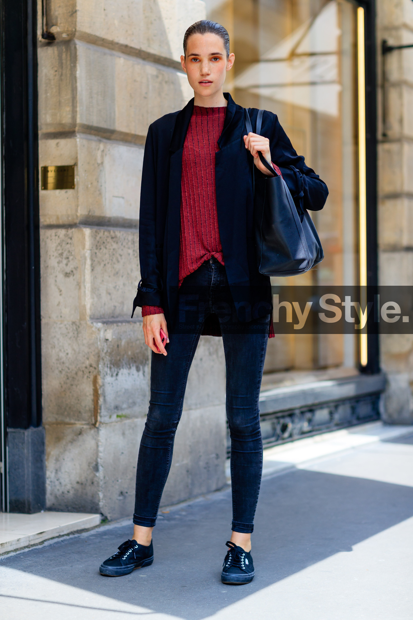 AUTUMN WINTER 2016-2017, AW 16-17, black bag, black denim, black jacket, black sneakers, denim pants, FALL WINTER 2016-2017, fashion week, frenchystyle, full length, FW, FW 16-17, HAUTE COUTURE, jeans, jonathan paciullo, leather bag, MENSWEAR, model, PARIS, PFW, pulled back hair, red sweater, street style, trousers, vertical, wet hair