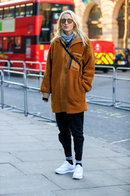 black pants, camel jacket, leather shoes, model, scarf, sunglasses, sweatpants, trousers, white sneakers, street style, jonathan paciullo, FW, frenchystyle, fashion week, LFW, LONDON, AUTUMN WINTER 2019-2020, AW 19-20, FW 19-20, FALL WINTER 2019-2020, vertical, full length