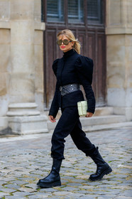 xenia adonts, black jacket, black pants, black leather belt, black leather boots, black total look, black top, studs belt, big belt, belted jacket, white leather clutch, plaited bag, plaited leather bag, bottega veneta bag, mirror sunglasses, big sunglasses, futurist shape sunglasses, turtleneck top, turtleneck pullover, balloon sleeves, flat boots, chelsea boots, fashion week, frenchystyle, FW, jonathan paciullo, street style, PFW, PARIS, SPRING SUMMER 2020, SS 20, horizontal, full length