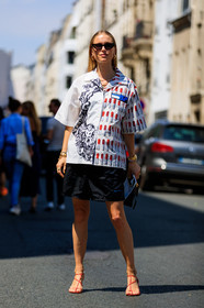 black bag, black shorts, céline, graphic shirt, high heels, leather bag, leather shoes, mini bag, prada, printed shirt, red shoes, sunglasses, white shirt, fashion week, frenchystyle, FW, jonathan paciullo, street style, PFW, PARIS, vertical, full length, AUTUMN WINTER 2018-2019, FALL WINTER 2018-2019, FW 18-19, pernille teisbaek
