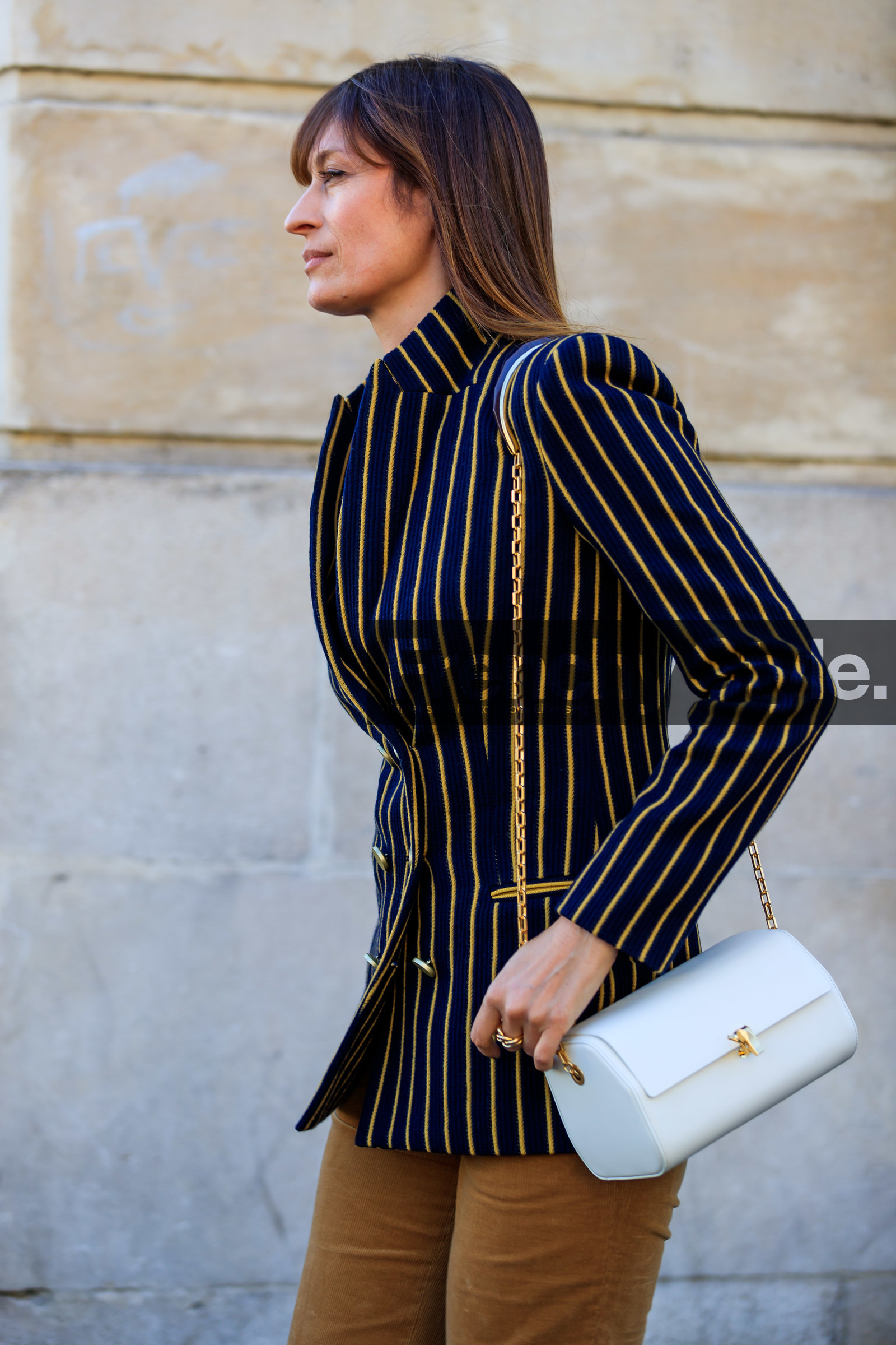 blazer, camel pants, caroline de maigret, corduroy, graphic jacket, leather bag, navy jacket, printed jacket, striped jacket, trousers, white bag, PARIS, PFW, street style, jonathan paciullo, FW, frenchystyle, fashion week, AUTUMN WINTER 2019-2020, AW 19-20, FALL WINTER 2019-2020, FW 19-20, vertical, atmosphere details, detail