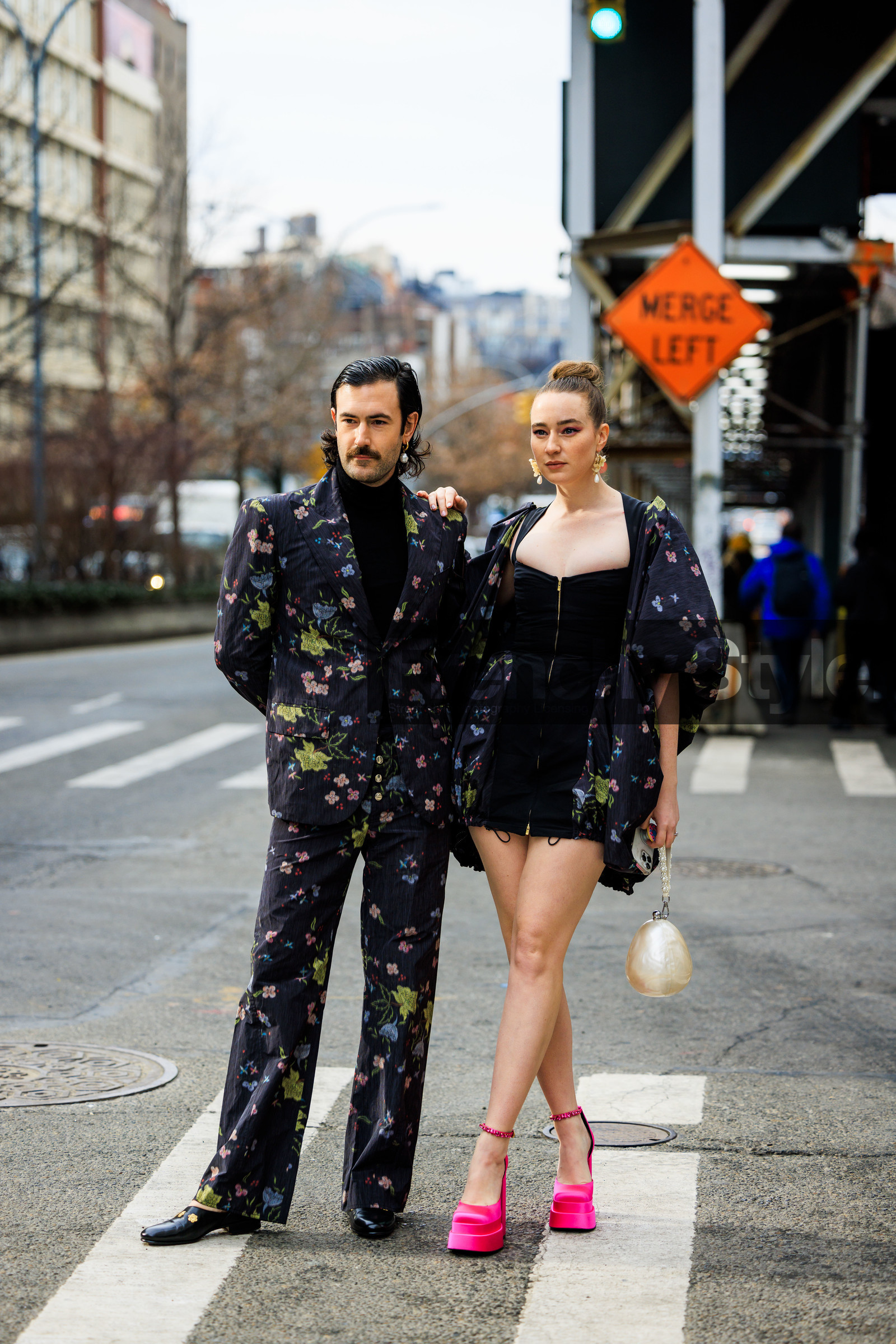 mini black dress, zipped mini dress, couples matching, high bow tail, pendant earring, printed jacket, flowered jacket, flower suit, printed suit, black turtleneck, satin pumps, satin plaftorms, platform heels, pink platforms, printed pants, bkac mocassins, leather mocassins, straight cut pants, young emperors, street style, jonathan paciullo, FW, frenchystyle, fashion week, NYFW, NEW YORK, AUTUMN WINTER 2022-2023, FALL WINTER 2022_2023, FW 22-23, vertical, full length