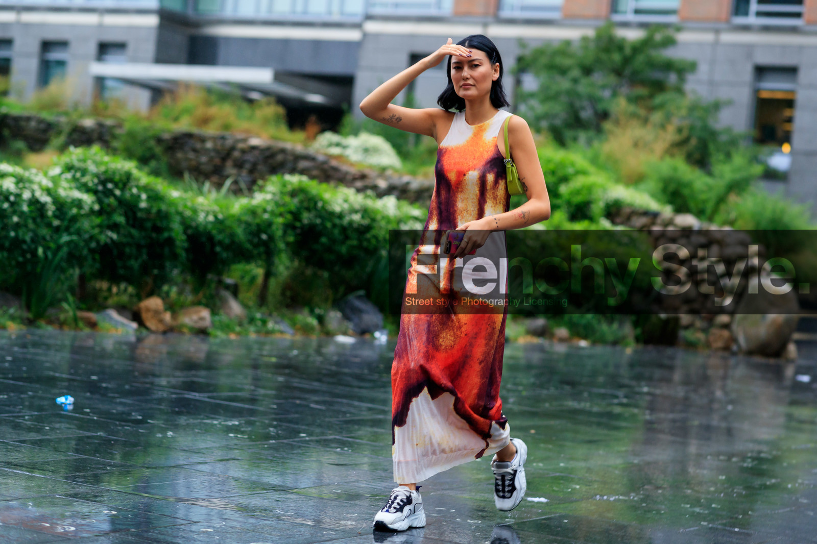 graphic dress, green bag, leather shoes, long dress, printed dress, tattoos, white shoes, white sneakers, fashion week, frenchystyle, FW, jonathan paciullo, street style, NEW YORK, NYFW, SPRING SUMMER 2020, SS 20, horizontal, atmosphere details, full length