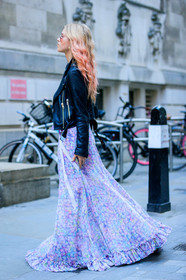 black jacket, black perfecto, blue dress, dyed hair, floral, flowers, graphic dress, leather jacket, leather perfecto, pink dress, pink hair, printed dress, purple dress, ruffles, fashion week, frenchystyle, FW, jonathan paciullo, street style, LFW, LONDON, AUTUMN WINTER 2019-2020, AW 19-20, FW 19-20, FALL WINTER 2019-2020, vertical, full length