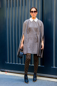black bag, black shoes, brown boots, cape, fendi, geraldine boublil, grey dress, high boots, high heels, leather bag, leather shoes, monogram, printed shoes, sunglasses, street style, jonathan paciullo, FW, frenchystyle, fashion week, MFW, MILAN, SPRING SUMMER 2019, SS 19, vertical, full length
