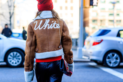 balenciaga, black bag, black pants, brown jacket, fur collar, leather bag, leather jacket, leather pants, off white, red beanie, shearling, trousers, fashion week, frenchystyle, FW, jonathan paciullo, street style, NYFW, NEW YORK, AUTUMN WINTER 2018-2019, AW 18-19, FALL WINTER 2018-2019, FW 18-19, atmosphere details, horizontal, detail, jessica minkoff