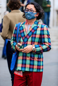 mask detail, multicolor jacket, checked jacket, blue jacket, green jacket, red jacket, aviator glasses, white watch, casio watch, fashion week, frenchystyle, FW, jonathan paciullo, street style, PFW, PARIS, SPRING SUMMER 2022, SS 22, vertical, atmosphere details, detail