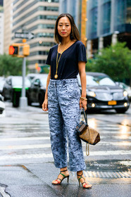 aimee song, black t shirt, brown bag, graphic bag, graphic pants, grey pants, high heels, leather bag, leather shoes, louis vuitton, mini bag, monogram, multicolor shoes, necklace, printed bag, printed pants, trousers, velvet, street style, jonathan paciullo, FW, frenchystyle, fashion week, NYFW, NEW YORK, SPRING SUMMER 2019, SS 19, vertical, full length