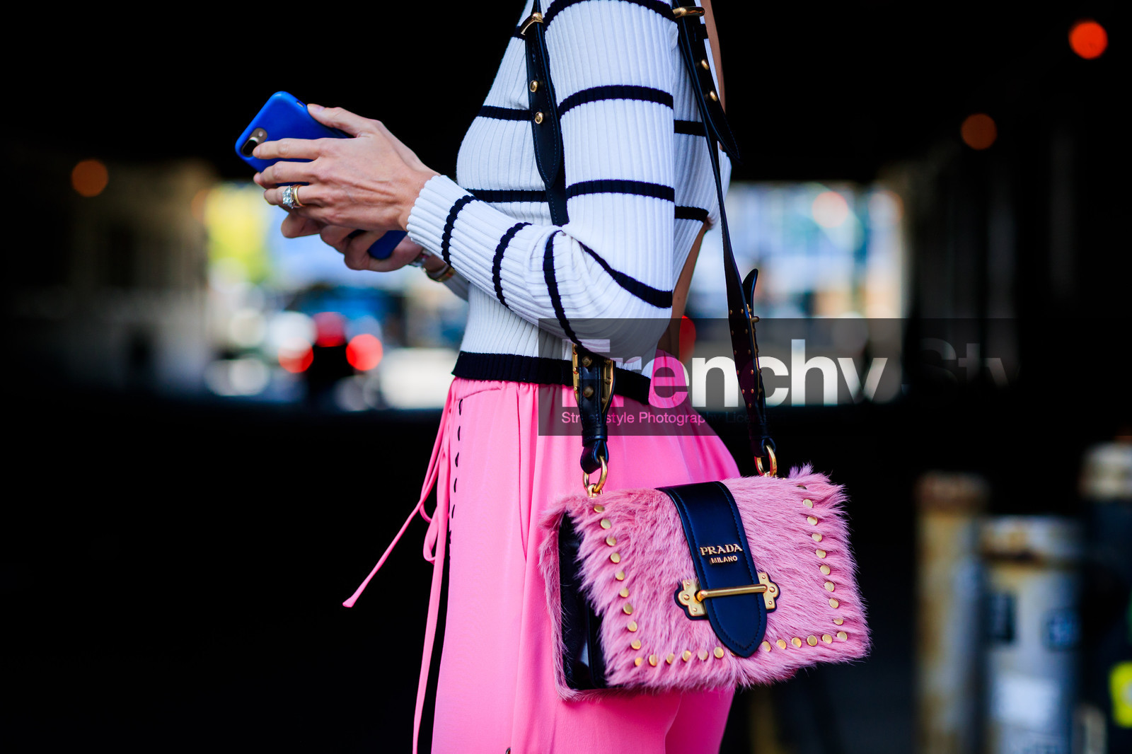 atmosphere details, detail, fashion week, frenchystyle, fur bag, FW, geometric, graphic sweater, helena bordon, horizontal, iphone, jonathan paciullo, leather bag, NEW YORK, NYFW, pink bag, pink pants, prada, printed sweater, SPRING SUMMER 2018, SS 18, street style, striped top, trousers, white sweater