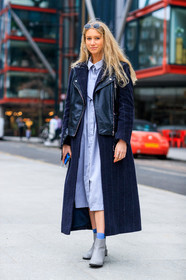 AUTUMN WINTER 2017-2018, AW 17-18, black jacket, black perfecto, blue shirt, FALL WINTER 2017-2018, fashion week, frenchystyle, full length, FW, FW 17-18, grey boots, jonathan paciullo, leather jacket, leather perfecto, leather shoes, LFW, LONDON, navy coat, overcoat, shirt dress, sleeveless, street style, vertical