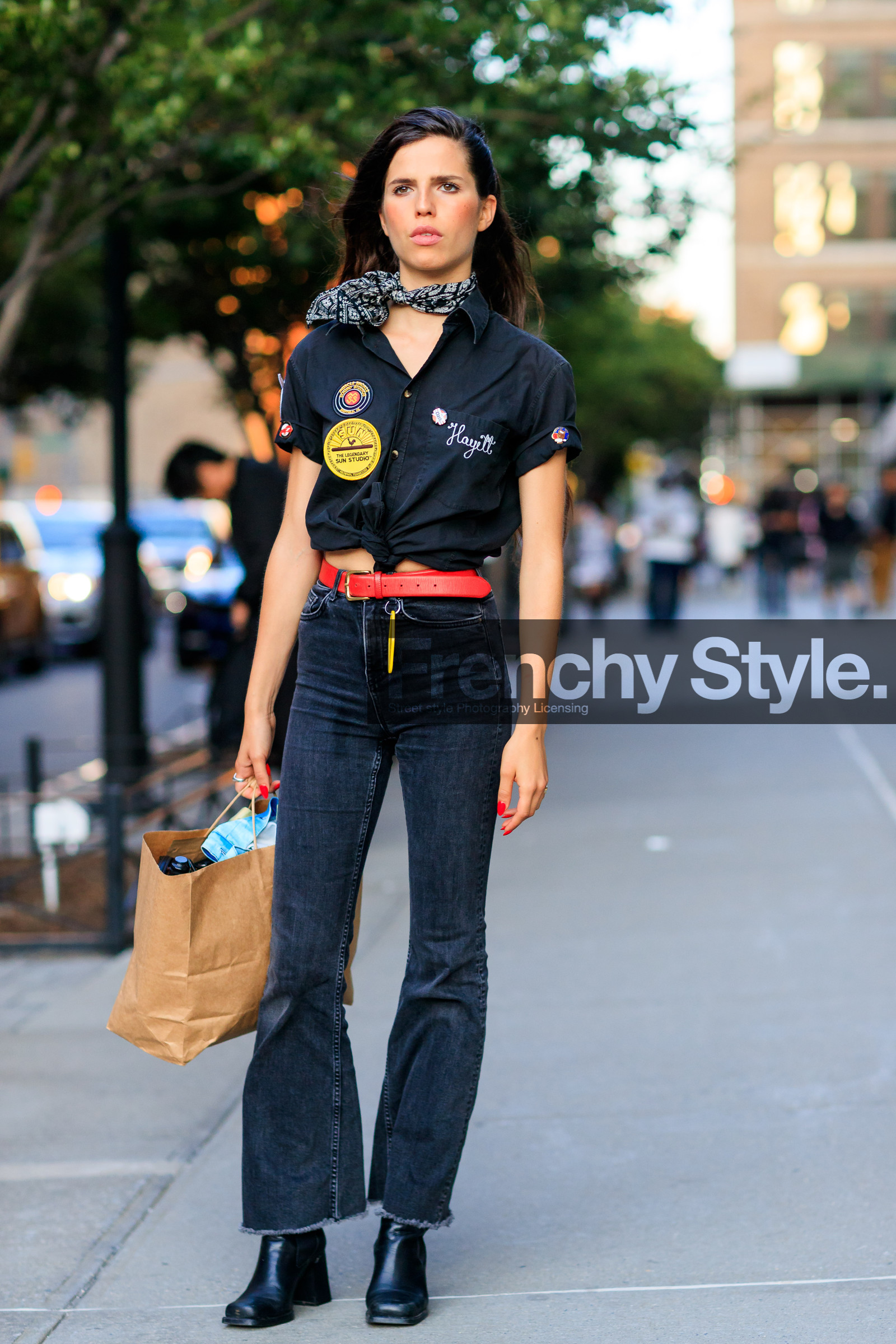 black bandana, black denim, black shirt, denim pants, fashion week, frenchystyle, full length, FW, Hayett McCarthy, high heels, jeans, jonathan paciullo, leather belt, leather shoes, model, NEW YORK, NYFW, pins, red belt, SPRING SUMMER 2018, SS 18, street style, trousers, vertical