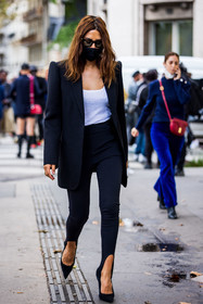black blazer, black heels, black legging, black pumps, black sunglasses, blazer, Christine Centenera, facial mask, heels, legging, pumps, sunglasses, top, white top, street style, jonathan paciullo, FW, frenchystyle, fashion week, PFW, PARIS, SPRING SUMMER 2022, SS 22, vertical, full length