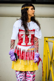 punk look, multicolor look, purple gloves, red tanktop, white tshirt, tie dye pants, multicolor pants, multicolor second skin, yellow skirt, mini skirt, detals, closeup, dye haire, stud belt, street style, jonathan paciullo, FW, frenchystyle, fashion week, NYFW, NEW YORK, AUTUMN WINTER 2022-2023, FALL WINTER 2022_2023, FW 22-23, vertical, atmosphere details